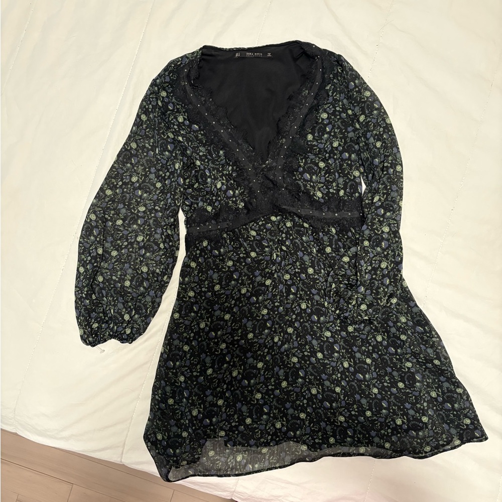 🌸ZARA Black Floral Long Sleeve Dress